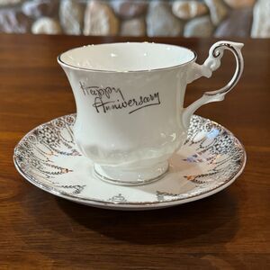 Vintage Rosina Happy Anniversary Tea Cup and Saucer England Fine Bone China